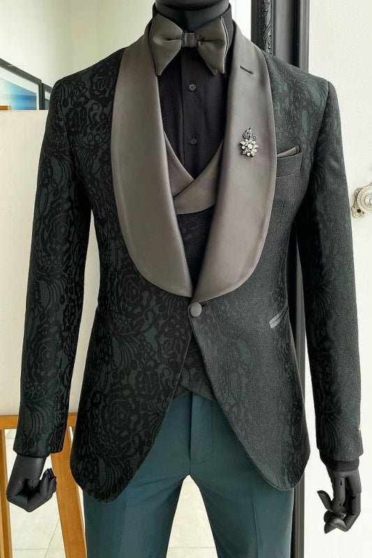 Brooklyn Dark Green Shawl Lapel 3-Piece Slim Fit Jacquard Wedding Suit