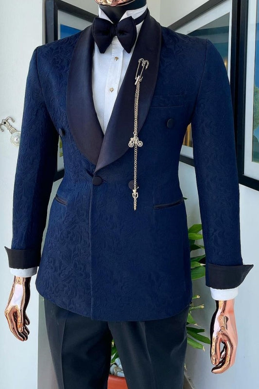 Burke Classic Dark Blue Shawl Lapel Double Breasted Jacquard Wedding Suit