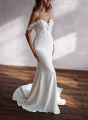 Sweetheart Long Sleeve Lace/Elastic Satin Wedding Dress with Sheath Silhouette and Sweep Train