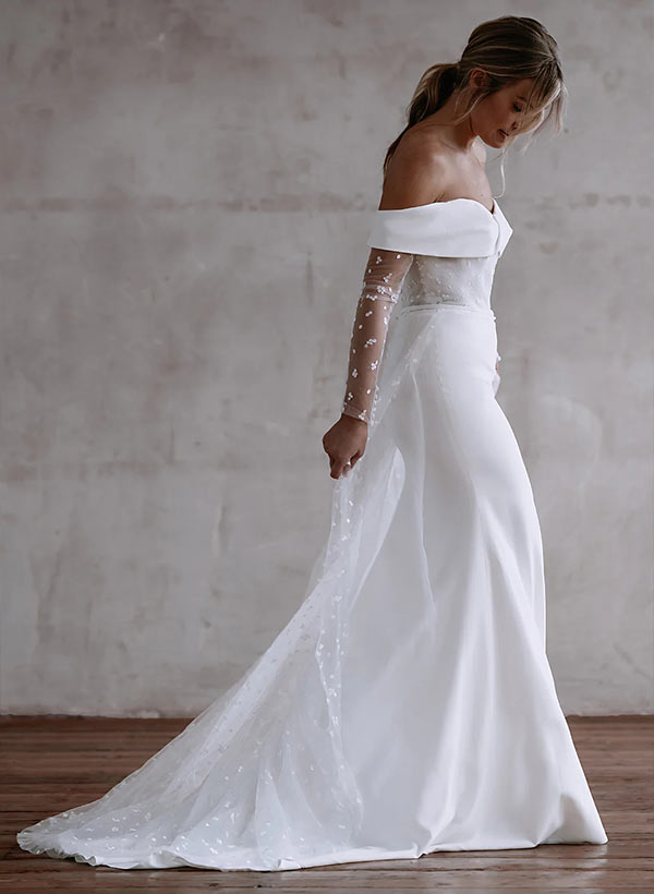 Off-The-Shoulder Long Sleeves Sweep Train Lace/Elastic Satin Wedding Dress With Lace