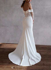 Off-The-Shoulder Long Sleeves Sweep Train Lace/Elastic Satin Wedding Dress With Lace