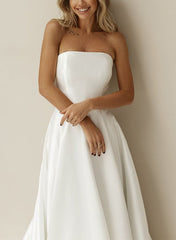 Elegant Satin Wedding Dresses with A-Line Silhouette Strapless Design Sleeveless Style and Sweep Train