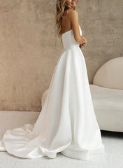 Elegant Satin Wedding Dresses with A-Line Silhouette Strapless Design Sleeveless Style and Sweep Train