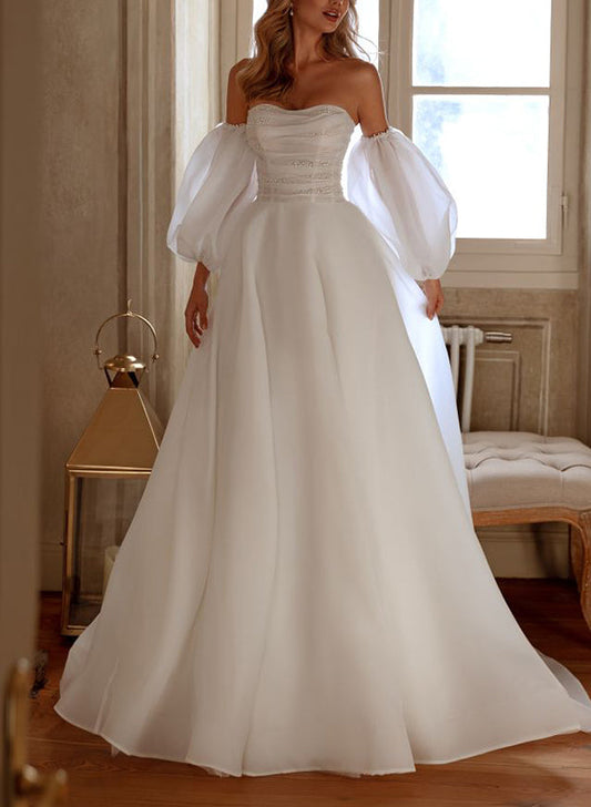 Elegant Organza Wedding Dress with Beading and A-Line Silhouette