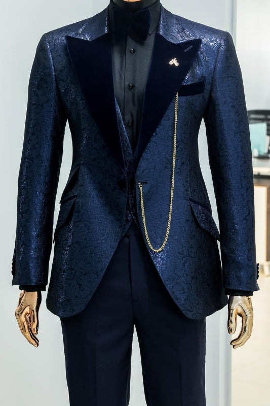 Colin Navy Blue Peaked Lapel Jacquard 3-Piece New Arrival Prom Suit