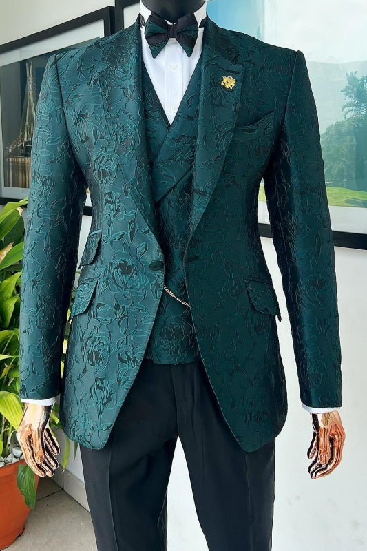 Cleveland Dark Green Jacquard Notched Lapel 3-Piece Fancy Prom Suit