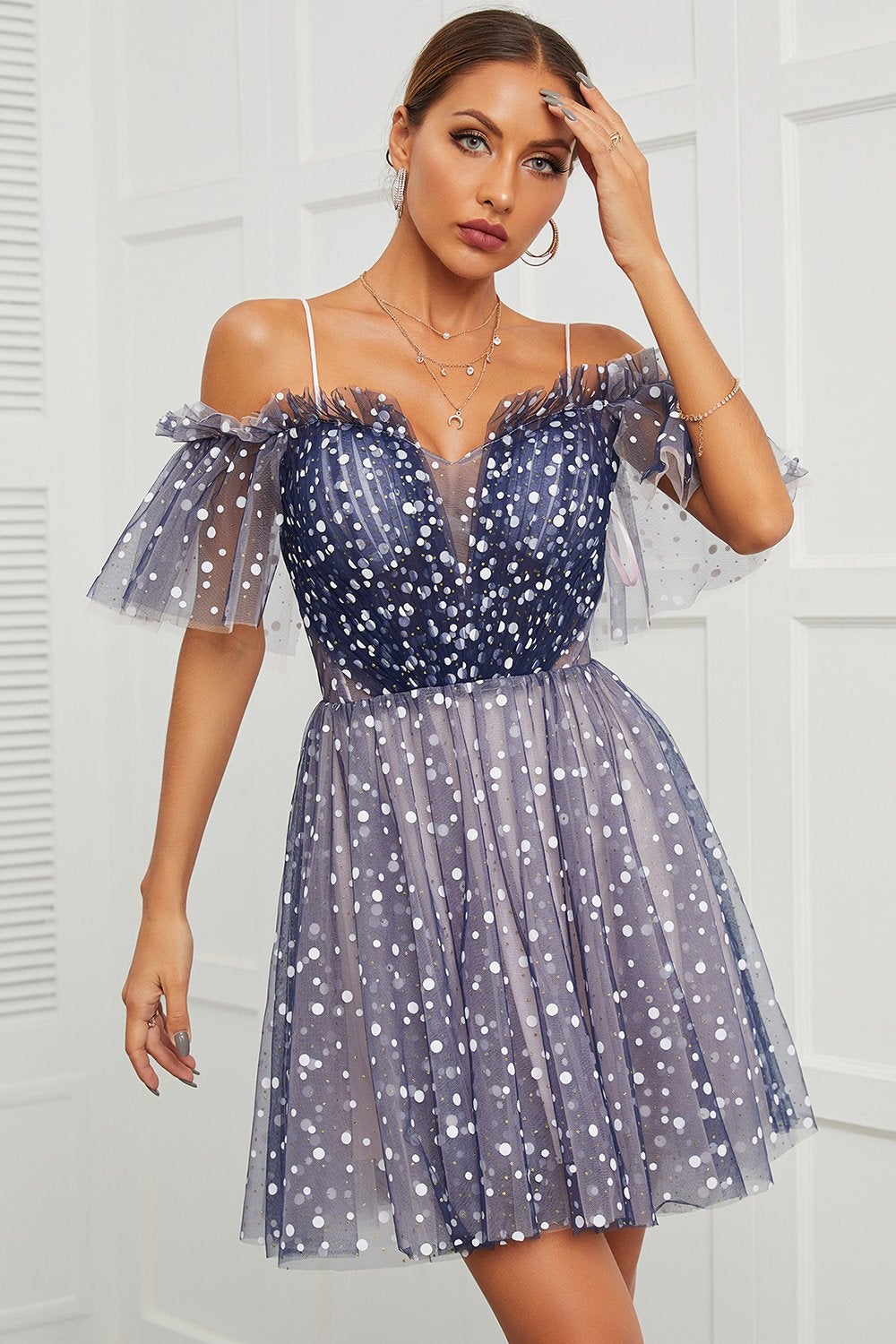 Navy Polka Dots Off Shoulder Cocktail Dress