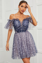 Navy Polka Dots Off Shoulder Cocktail Dress