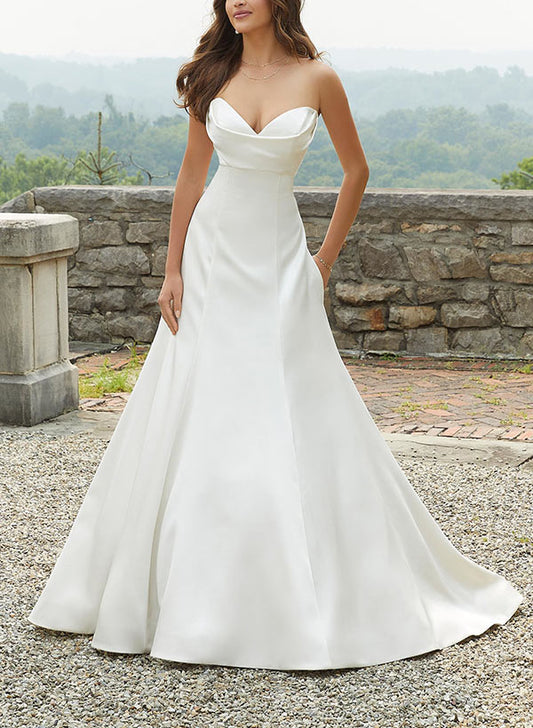 Sweetheart Sleeveless A-Line Satin Wedding Dresses with Sweep Train