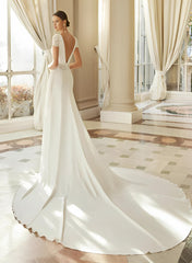 V-Neck A-Line Wedding Dress With Lace Short Sleeves Court Train Elastic Satin