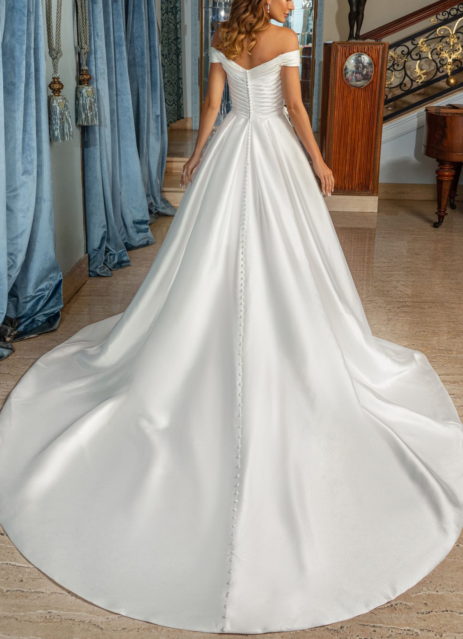 Off-The-Shoulder A-Line Pleated Wedding Dress With Split Front