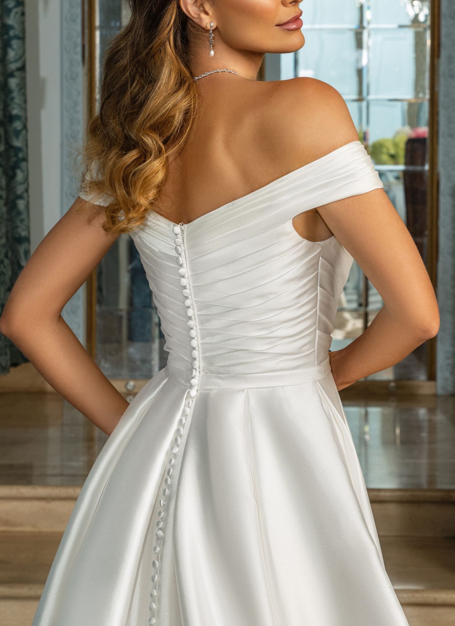 Off-The-Shoulder A-Line Pleated Wedding Dress With Split Front