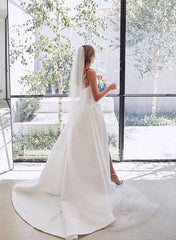 Satin Sweep Train Wedding Dresses With Split Front