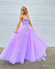 Lilac A Line Tiered Sweetheart Long Corset Prom Dress with Ruffles