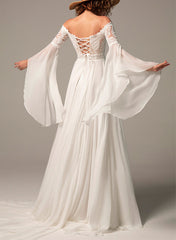 Off-The-Shoulder A-Line Wedding Dress with Long Sleeves in Chiffon/Lace