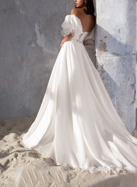 Sweetheart Short Sleeves Court Train Tulle Wedding Dress with Split Front