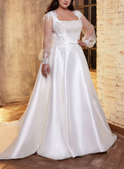 Square Neckline A-Line Wedding Dress with Long Sleeves in Lace/Satin