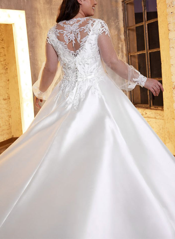 Square Neckline A-Line Wedding Dress with Long Sleeves in Lace/Satin