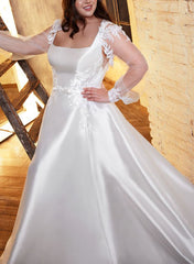 Square Neckline A-Line Wedding Dress with Long Sleeves in Lace/Satin