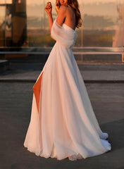 A-Line Off-The-Shoulder Sleeveless Sweep Train Tulle Wedding Dresses With Split Front