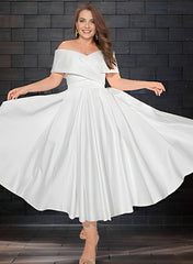 Off-The-Shoulder Sleeveless Satin Tea-Length Wedding Dress