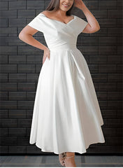 Off-The-Shoulder Sleeveless Satin Tea-Length Wedding Dress