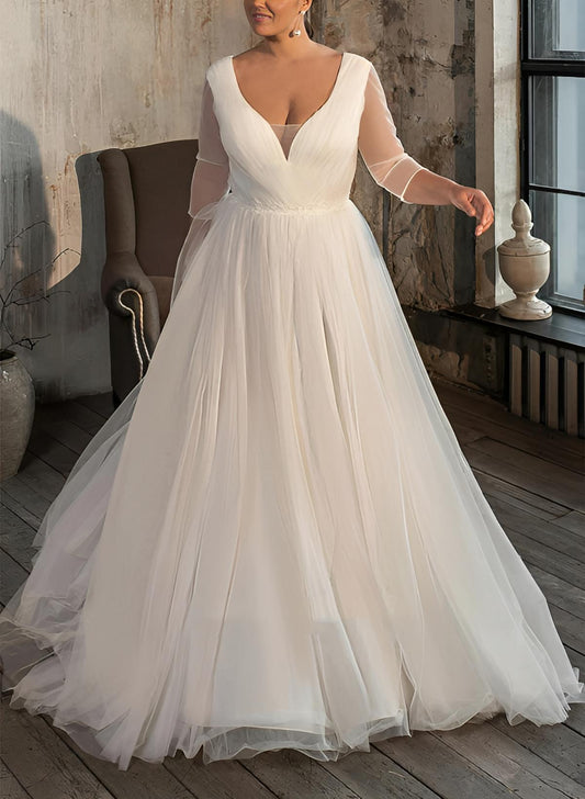 A-Line V-Neck Long Sleeves Sweep Train Tulle Wedding Dresses for Plus Size