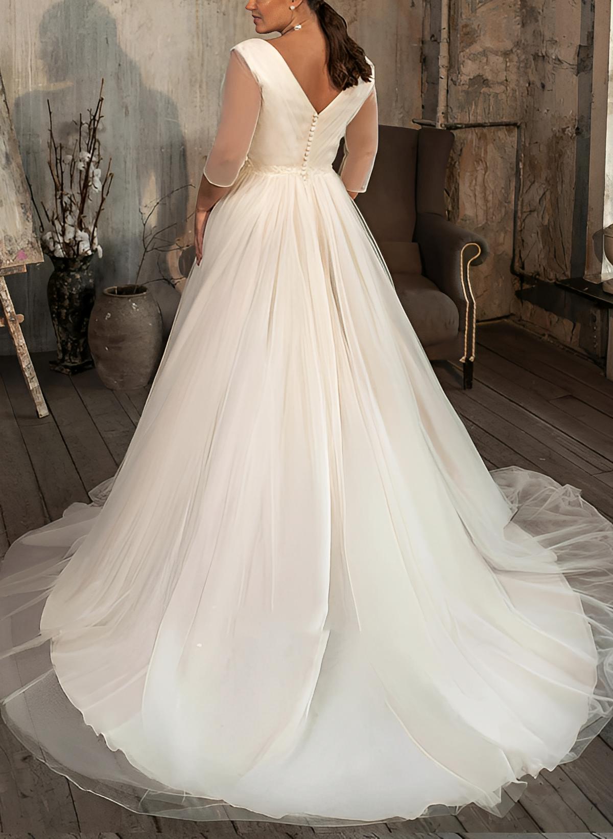 A-Line V-Neck Long Sleeves Sweep Train Tulle Wedding Dresses for Plus Size