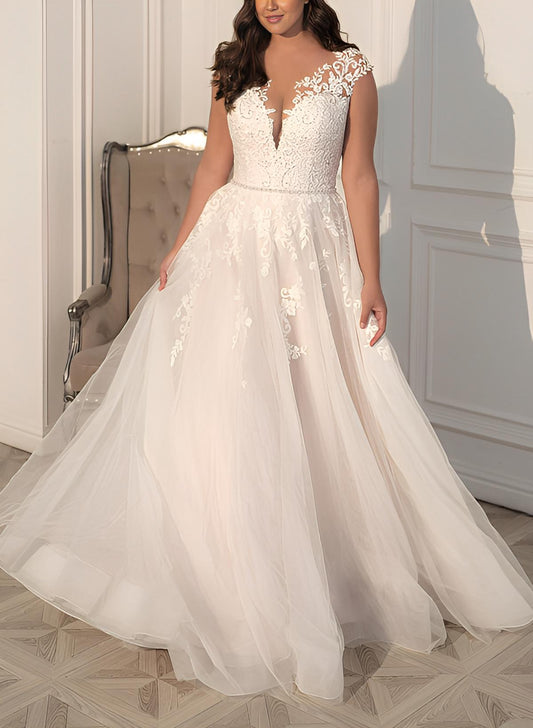 A-Line Illusion Neck Sleeveless Sweep Train Lace Wedding Dress for Plus Size