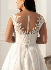 A-Line Illusion Neck Sleeveless Sweep Train Lace Wedding Dress for Plus Size