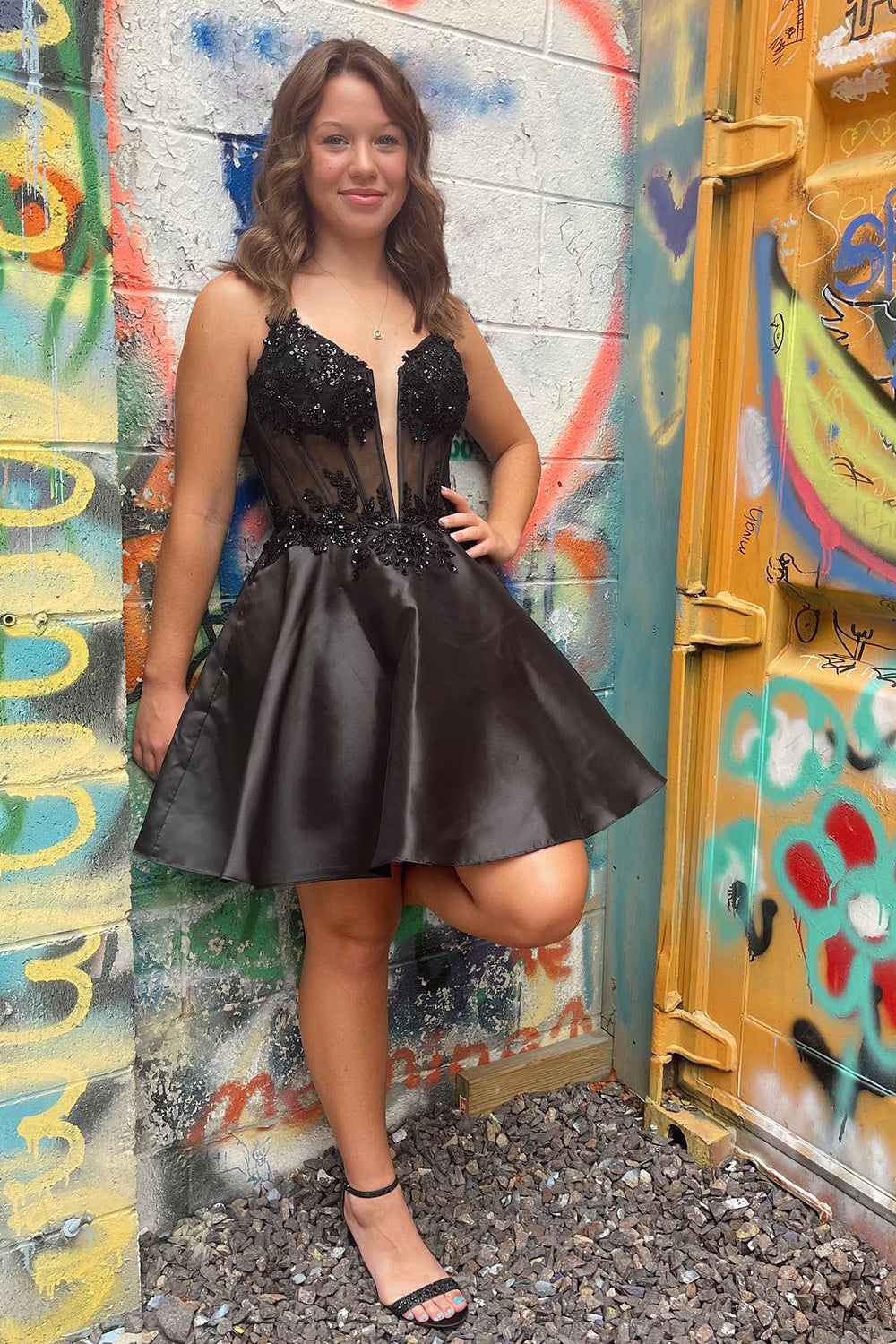 Glitter Black A-Line Satin Short Homecoming Dress with Appliques