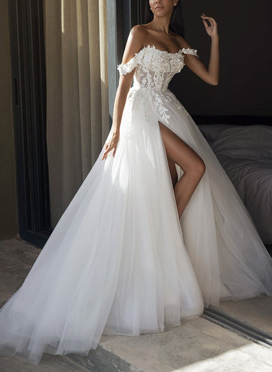 Off-The-Shoulder Lace/Tulle Wedding Dress With Split Front