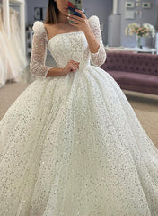 Sequined Wedding Dresses with Ball-Gown Square Neckline and Long Sleeves