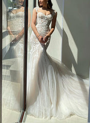 Trumpet Mermaid Sweetheart Sleeveless Lace Tulle Wedding Dresses