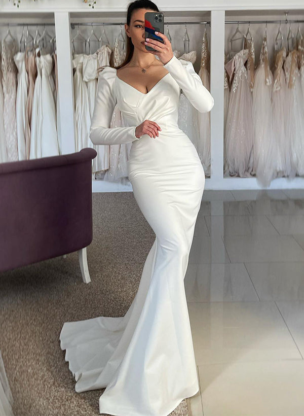 Satin Wedding Dresses with Trumpet/Mermaid V-Neck Long Sleeves and Sweep Train