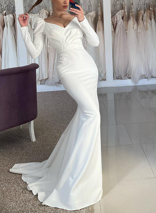 Satin Wedding Dresses with Trumpet/Mermaid V-Neck Long Sleeves and Sweep Train