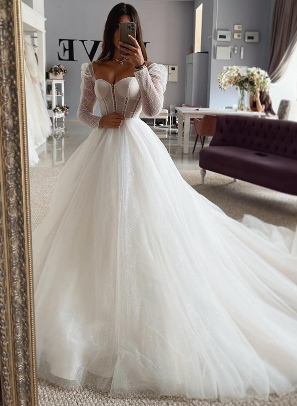 Sweetheart Long Sleeves Sweep Train Tulle Wedding Dresses