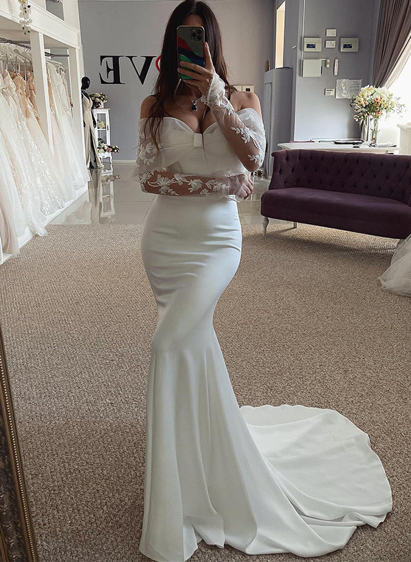 Off-The-Shoulder Long Sleeves Lace/Elastic Satin Wedding Dresses for Mermaids