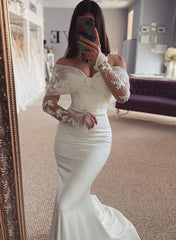 Off-The-Shoulder Long Sleeves Lace/Elastic Satin Wedding Dresses for Mermaids