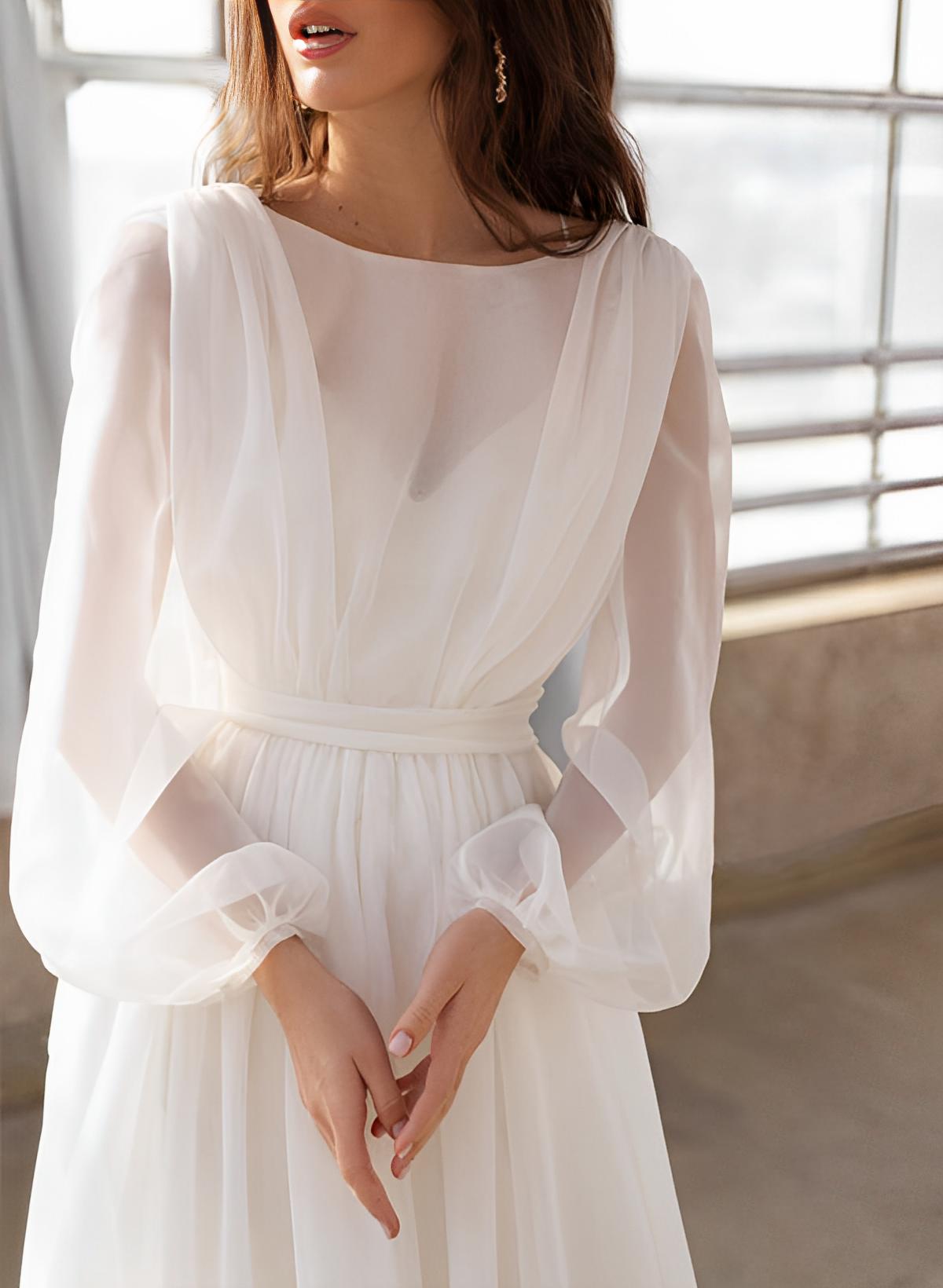 Illusion Neck Long Sleeves Sweep Train Chiffon Wedding Dresses