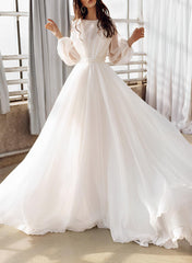 Illusion Neck Long Sleeves Sweep Train Chiffon Wedding Dresses