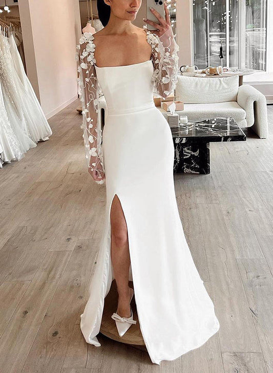 Elastic Satin Wedding Dresses With Split Front Long Sleeves Column Square Neckline