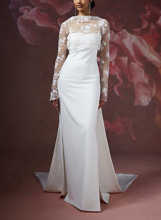 Illusion Neck Lace/Elastic Satin Wedding Dress