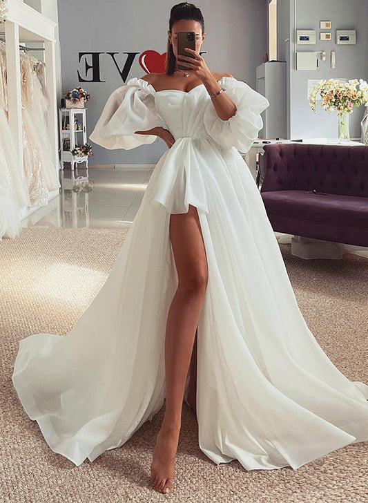 Off-The-Shoulder A-Line Wedding Dress with Split Front and 1/2 Sleeves