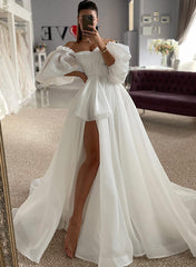 Off-The-Shoulder A-Line Wedding Dress with Split Front and 1/2 Sleeves