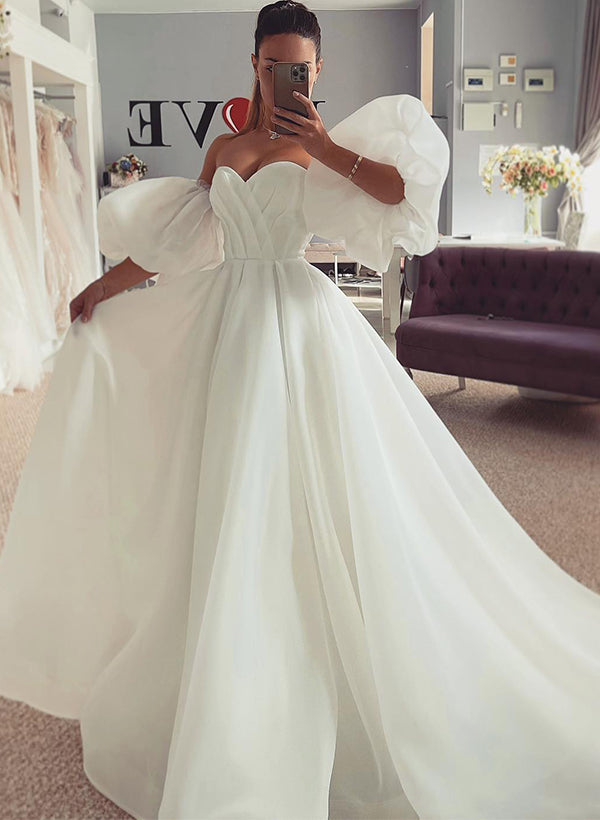 Off-The-Shoulder A-Line Wedding Dress with Split Front and 1/2 Sleeves