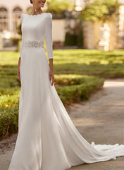 Elastic Satin Wedding Dresses with A-Line 3/4 Sleeves and Court Train