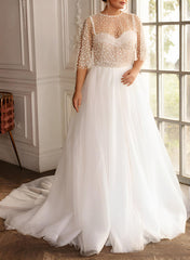 A-Line Sweep Train Chiffon/Lace Wedding Dresses - Plus Size