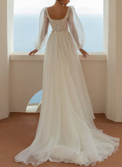 A-Line Square Neckline Long Sleeves Lace/Tulle Bridal Gowns