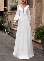 A-Line Long Sleeves Sweep Train Chiffon Wedding Dresses With Lace